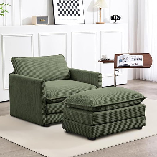 ROWHY Single Armchair with Ottoman, Modern Corduroy Cloud Couch with Convertible Chaise, Upholstered Sofa Set for Living Room, Green