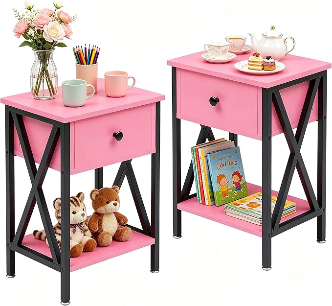 VECELO Nightstands Set of 2, Modern Bedside End Tables, Night Stands with Drawer and Storage Shelf for Living Room Bedroom, Industrial Metal Frame