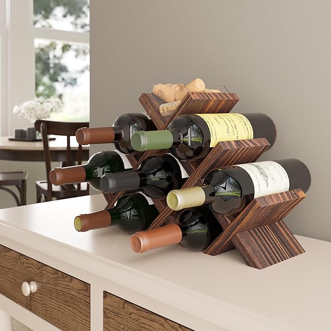 Rustic State Alella Countertop Wood Wine Rack for 8 Bottles Holder and Cork Storage Tabletop Butterfly Sleek Design Freestanding Organizer - Home, Kitchen, Dining Room Bar Décor - Walnut