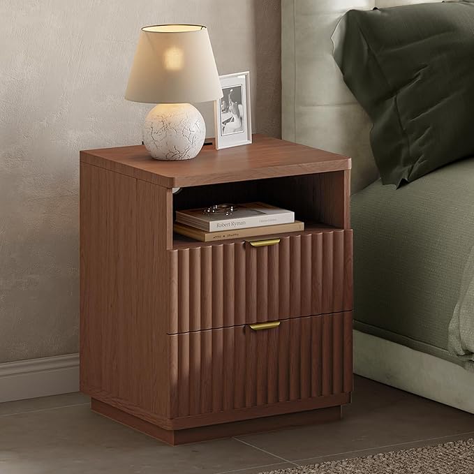 Nightstand with Charging Station, Night Stand with Open Shelf and 2 Drawers for Bedroom, Side Table Bedside Table with USB Ports & Outlets, Small Nightstand End Table (Walmut)
