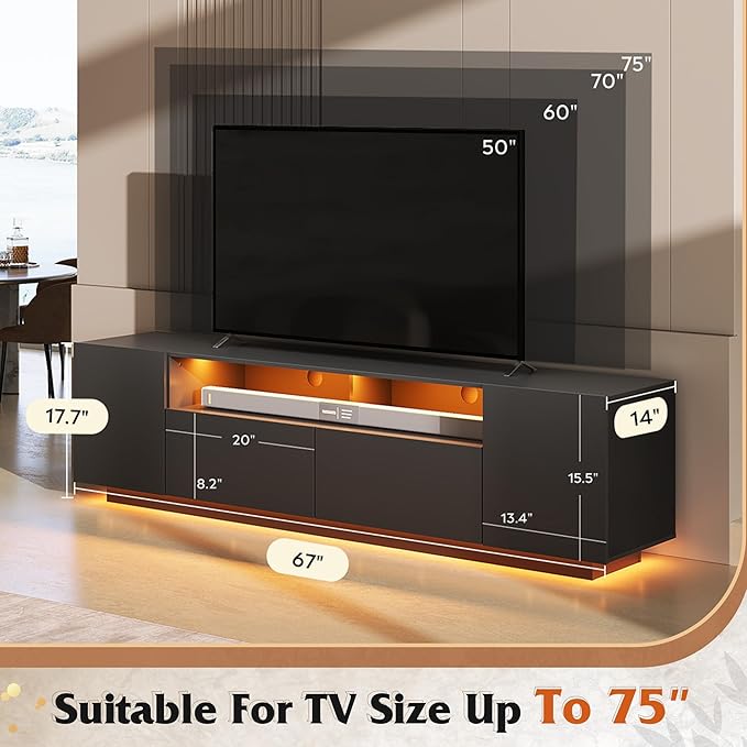 WLIVE LED TV Stand with Large Storage Cabinet, Modern Entertainment Center for 55/60/65/70/75 Inch TVs, Sturdy TV Console for Living Room, Bedroom,Rec Room(Black)