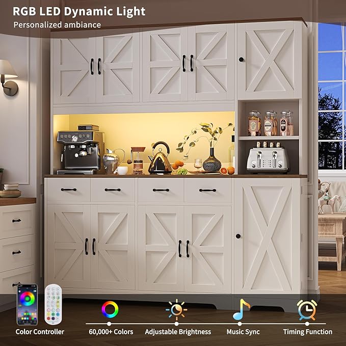 71" Tall Kitchen Pantry with LED Lights & Charging Station, Farmhouse Storage Cabinet with 4 Drawers & 6 Cabinets, Modern Kitchen Hutch for Dining Room with Adjustable Shelves, White