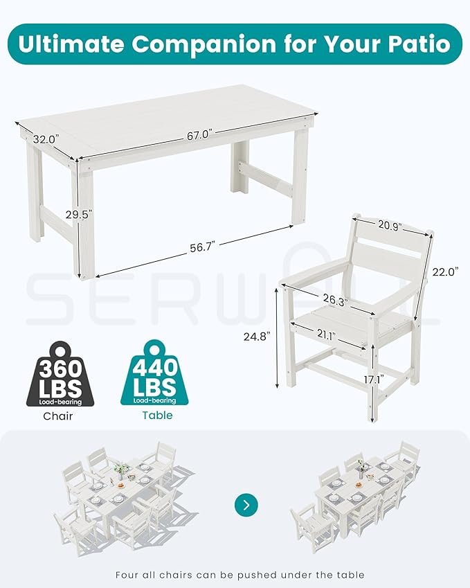 SERWALL Outdoor Dining Table Set, 67‘’ HDPE Patio Dining Set for 4, All-Weather Outdoor Table and Chairs Set for Deck, White