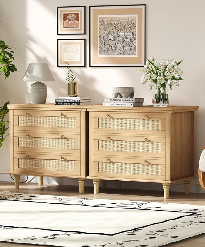 Keehusux 27.6" W Rattan Nightstand with 3 Drawers, Large Night Stand with Charging Station, Boho Bedside Table with Round Handles, Wooden End Table for Bedroom, Natural Oak