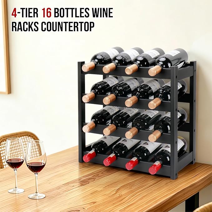 Bamboo Wine Rack, 4-Tier 16 Bottles Wine Storage Cabinet Shelf, Easy-Assembly Freestanding Bamboo Wine Racks Countertop for Kitchen Pantry Dining Room Bar, Black
