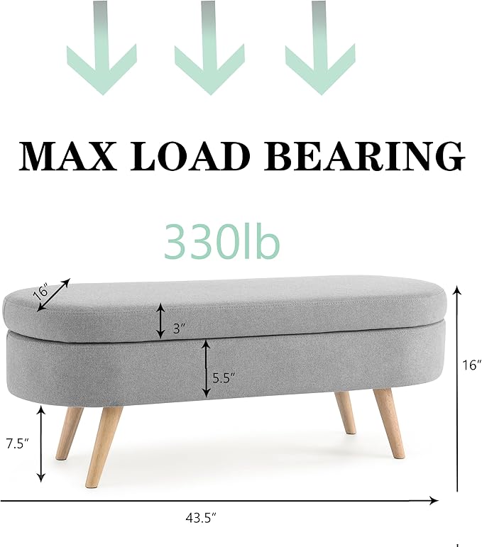 43.5" Ottoman with Storage, Storage Ottoman Bench with Safety Hinge, Linen End of Bed Bench, Upholstered Entryway Bench for Bedroom, Living Room & Window, Holds up to 330 lb, Grey