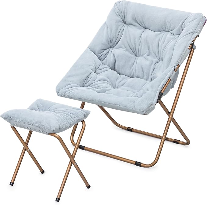MoNiBloom Square Folding Faux Fur Saucer Chair for Bedroom Living Room Dorm Foldable Metal Frame Oversized Large Comfy Furry Padded Soft Cozy Moon Chair with Footrest Ottoman for Adults (Blue)