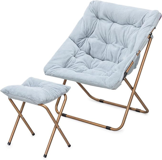 MoNiBloom Square Folding Faux Fur Saucer Chair for Bedroom Living Room Dorm Foldable Metal Frame Oversized Large Comfy Furry Padded Soft Cozy Moon Chair with Footrest Ottoman for Adults (Blue)
