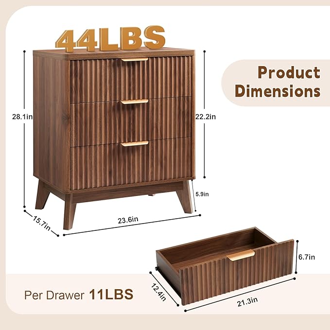 LYNCOHOME Fluted Nightstand with 3 Drawers, Modern Wood Chest of Bedside Table with Curved Profile, Fluted Dresser Organizer for Bedroom,Walnut