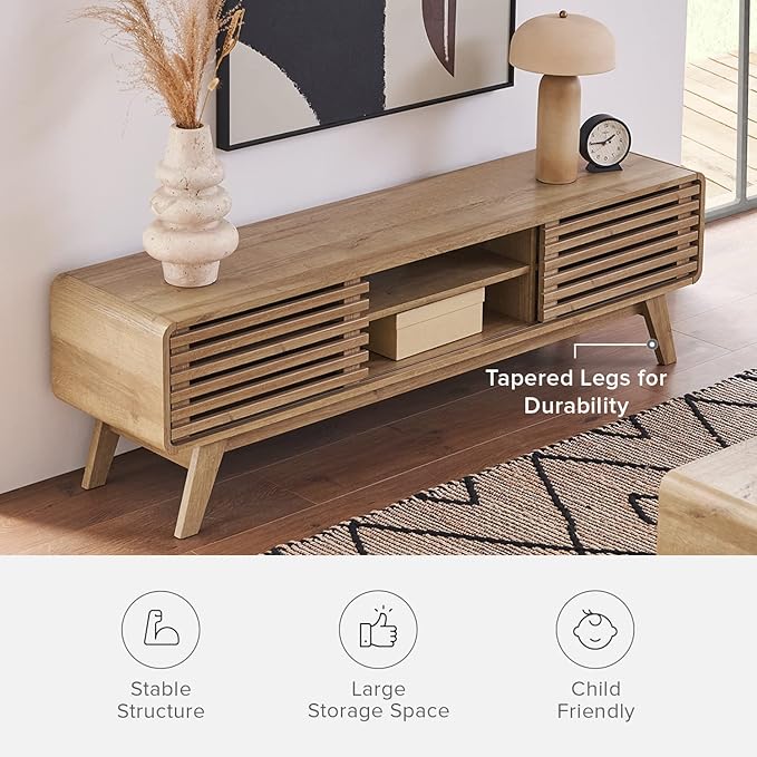 mopio Ensley 59" TV Stand with Slatted Door, Mid Century Modern Entertainment Center for 55/60/65 inch TV, Farmhouse Media Console with Storage, Adjustable Shelves, Round Edges, Living Room (Oak)