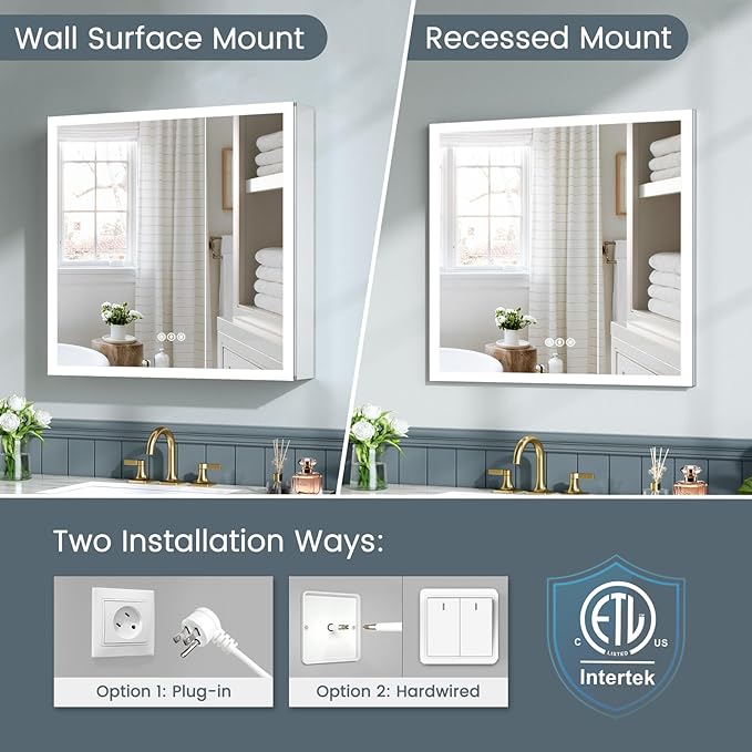 36x30 Inch Lighted Medicine Cabinet with Mirror, AL Alloy Frame, Plug-in or Hardwired, Recessed or Surface Mount, 3 Colors/Dimmable/Interior Sensor Light/Defog,2 Outlets & USBs,3 Shelves