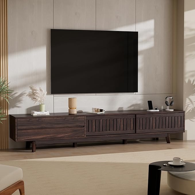 TV Stand for up to 100 Inch TVs, 94.5" Entertainment Center with Storage & Power Outlet, Mid Century Modern Media Console w Drawers and Sliding Door, Television Stand for Living Room, Walnut