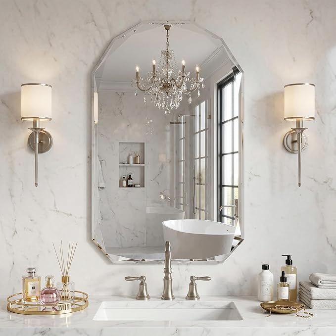 Suidia Bathroom Mirror, 30"x 48" Wall Mirror, Frameless Bathroom Mirror with Beveled Edge for Bedroom, Living Room, Entryway, Hallway, Arched Shape