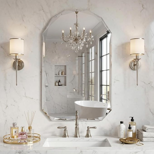 Suidia Bathroom Mirror, 30"x 48" Wall Mirror, Frameless Bathroom Mirror with Beveled Edge for Bedroom, Living Room, Entryway, Hallway, Arched Shape