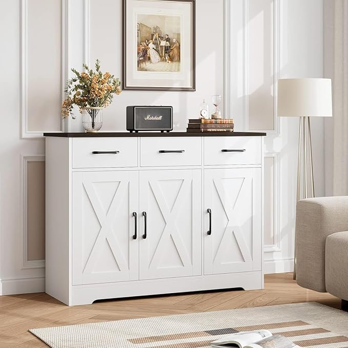 HOSTACK Modern Farmhouse Buffet Sideboard Cabinet, Barn Doors Storage Cabinet with Drawers and Shelves, Wood Coffee Bar with Storage for Dining Room, Kitchen, Living Room, White/Black