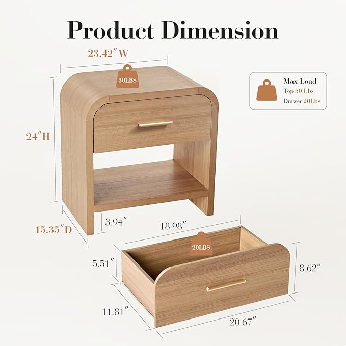 Night Stand [Unique Curved Profile] [FSC-Certified Wooden Board] 2-Drawer Nightstand 24" H Metal Handle Modern Sturdy Bedside Table Side Table End Table