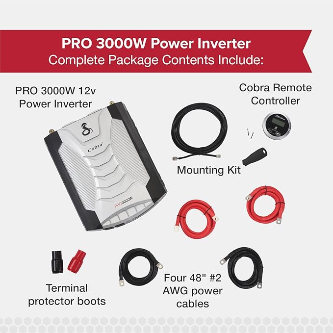 Cobra PRO 3000W Professional Grade Power Inverter, Portable – 3000-Watt Car Charger, 4 Grounded AC Outlets, 2 Fast Charge USB Ports and Remote Controller (CPIALCDG1) Included
