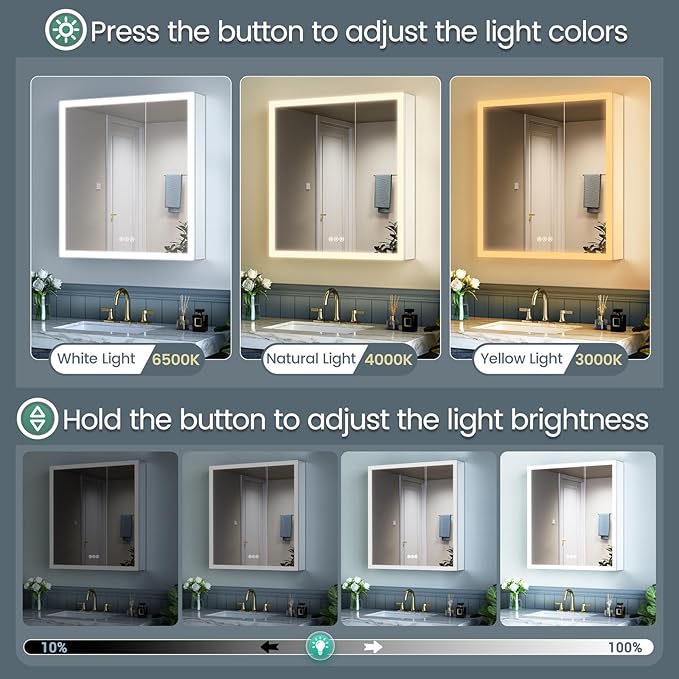 30x32 Inch Lighted Medicine Cabinet, AL Alloy Frame, Plug-in or Hardwired, Recessed or Wall Mount, Mirror Doors/3 Colors/Dimmable/Interior Sensor Light/Anti-Fog, 2 Outlets &USBs, 3 Shelves