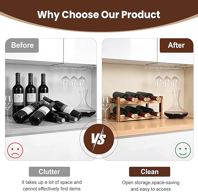 6-Bottle Wooden Wine Rack – 2-Tier Tabletop Countertop Space-Saving Wine Holder with Screwdriver Included, Easy Assembly Wine Storage Shelf for Kitchen, Bar, Pantry & Home Decor