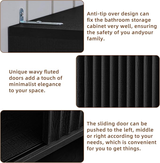 LEYAOYAO Fluted Over The Toilet Storage Cabinet, Farmhouse Over Toilet Bathroom Organizer with a Sliding Door, 68" Tall Black Freestanding Washer Shelf with Adjustable Shelf & Curved Profile