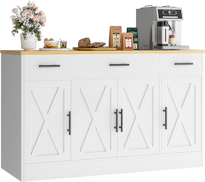 Vongrasig Buffet Cabinet with Storage, Farmhouse Coffee Bar Cabinet with Drawers, 53” Large Modern Sideboard Buffet with Adjustable Shelves for Kitchen, Dining Room, White