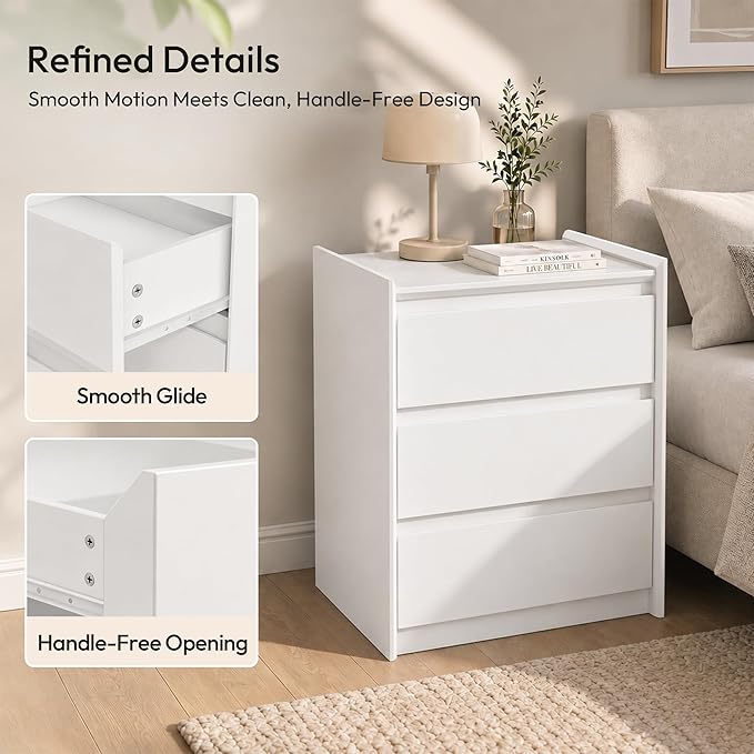 24" Tall Nightstand with Charging Station Including USB-C, Modern Bedside Table and Sofa End Table - White, 3 Drawers, 1-Pack