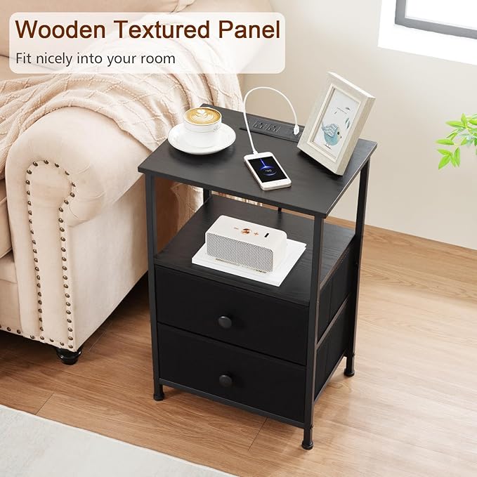 LOAKEKEL Night Stand Set 2, Black Nightstand with Charging Station, End Tables with Storage Shelf for Small Spaces, Bedside Table Side Tables with 2 Fabric Drawers for Bedroom, HETS020BK