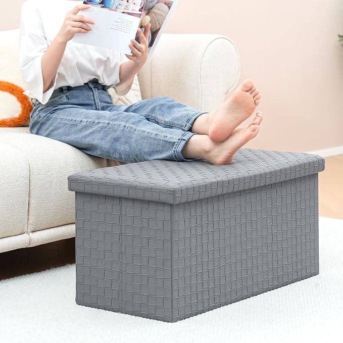 B FSOBEIIALEO Folding Storage Ottoman, Faux Leather Footrest Seat Long Bench Storage Box Chest, Grey 30"x15"x15"