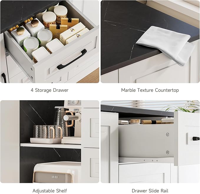 ONBRILL 47.3" Kitchen Island with 2 Storage Cabinets & 4 Drawers, Modern Imitation Marble Dining Table with Power Outlet, Island Bar Table for Kitchen, Dining Room, Living Room, Black