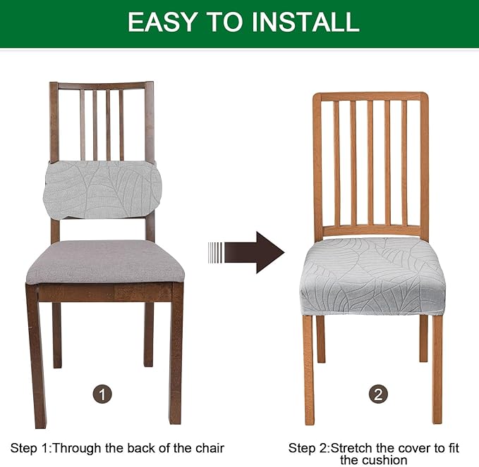 CRFATOP Waterproof Dining Room Chairs Seat Covers Set of 4 with Stretch Bench Slipcover Jacquard Kitchen Chair Slipcover Washable Seat Cushion Slipcover for Hotel Banquet Wedding Party, Light Grey