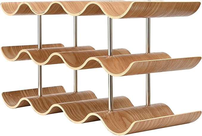 Countertop Wine Rack - 12 Bottle Freestanding Wine Bottle Holder Stand - 3 Tier Wooden Wine Storage Rack - Wavy Wine Organizer for Cabinet Pantry Home Kitchen Bar