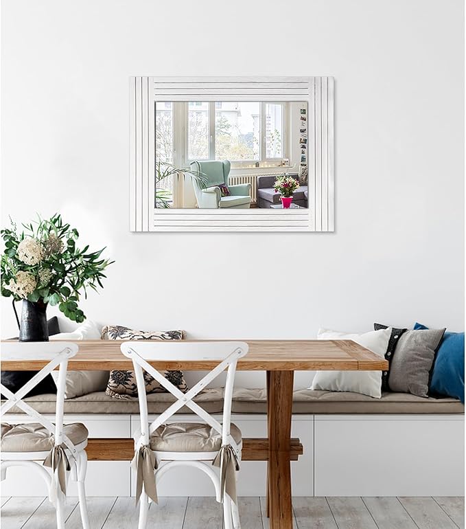 Rustic Wall Mirror - Rectangular Antique Wooden Frame - Farmhouse Bedroom & Entryway - Large White - 20" x 16"