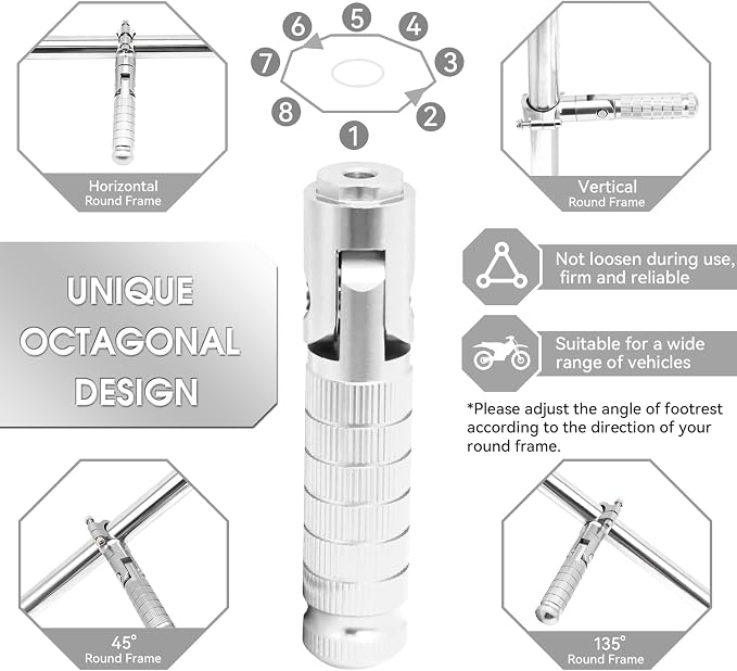 Foot Pegs Non-sliding Footrest Motorcycle Bicycle Folding Foot Pegs 90 Degree Foldable Electric Motorbike Passenger Footrests Rearsets Rear Set Footpegs Foot Rest Pedals (Silver)