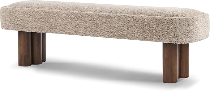 Merax 60.04'L Indoor Boucle Dining Bench with Walnut Color Legs, Upholstered Seating for Kitchen, Dining Room and Living Space,250lbs Capacity,Khaki