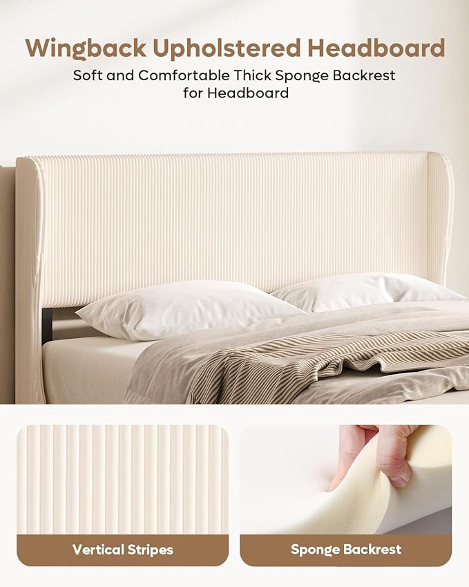 Bestier Queen Bed Frame with Wingback Headboard,Platform Queen Size Upholstered Bed with Strong Wooden Slats,No Box Spring Needed,Never Squeaks,Easy Assembly,Beige