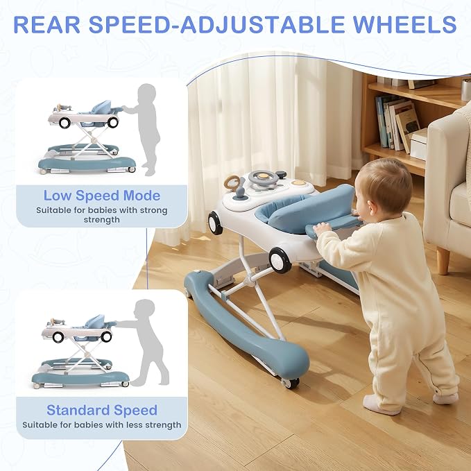 Baby Walker, 5-in-1 Baby Walker for Boys and Girls with Bouncer, Removable Footrest, Music, Foldable & Adjustable Speed Wheels Activity Walker for 6-18 Months Toddler Infant(Haze Blue)