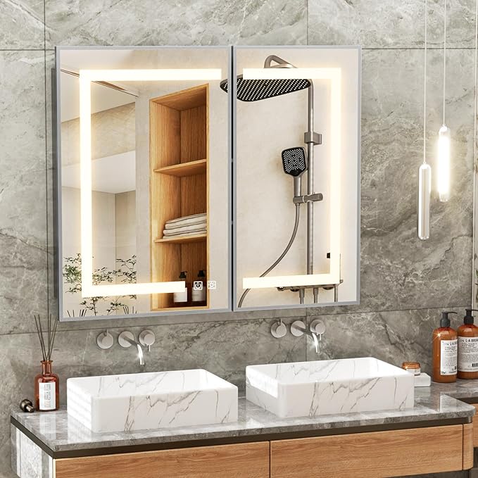 APRILSOUL 36x30 Inch Lighted Bathroom Medicine Cabinet with Mirror, Silver Recessed or Surface Mount Medicine Cabinet Mirror with Storage and LED Lights, 3 Colors Temperature, Dimmable Light