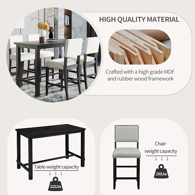 Harper & Bright Designs 5-Piece Counter Height Dining Set, Classic Elegant Table and 4 Chairs in Espresso and Beige