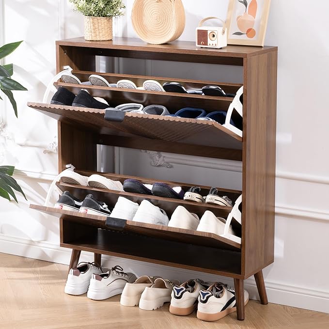oakvivo Shoe Cabinet Storage, Farmhouse Freestanding Organizer with 2 Flip Drawers and 4 Wooden feet, Narrow Shoe Rack Cabinet for Entryway, Foyer, Hallway, Walnut