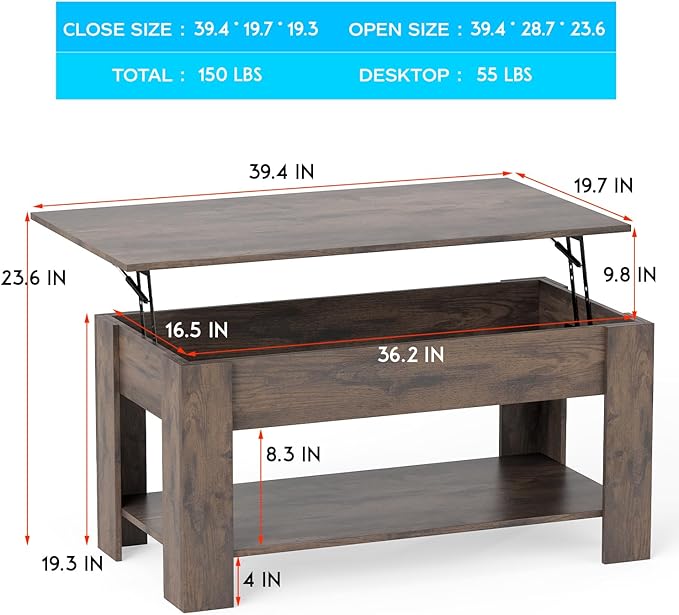 FDW 39.4" Lift Top Coffee Table with Hidden Compartment and Storage Shelf Wooden Lift Tabletop for Home Living Room Reception Room Office,Dark Brown