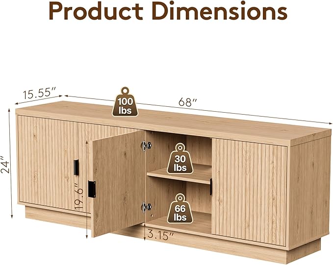 Fatmok 68" TV Stand for 75 Inch TV, Modern Entertainment Centers with Adjustable Shelves, Wooden Media Consoles with 4 Fluted Doors for Living Room, Natural Oak, Set of 2