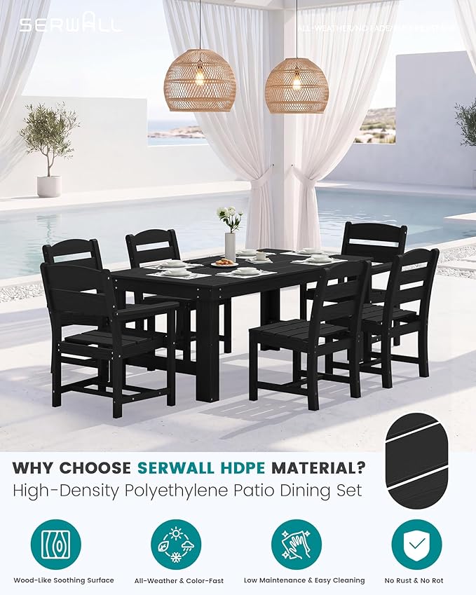 SERWALL Outdoor Dining Table Set, 67‘’ HDPE Patio Dining Set for 4, All-Weather Outdoor Table and Armless Chairs Set for Deck, Black