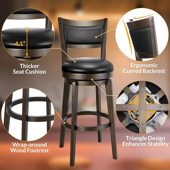 PrimeZone Swivel Bar Stools Set of 6, 30 Inch Bar Height Barstools, Black Faux Leather Bar Stool with High Backrest & Solid Wood Legs & Wrap-Around Footrest, Counter Stools for Kitchen Island, Pub