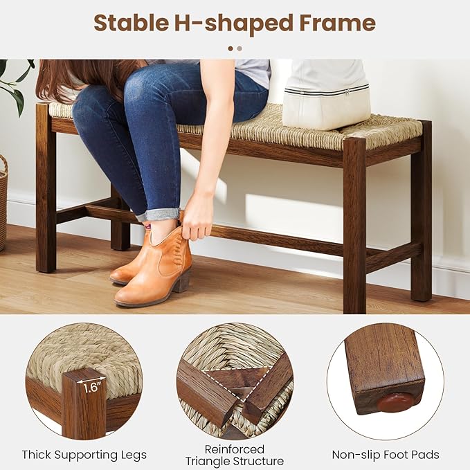 Giantex 40" Dining Bench with Woven Seagrass Woven Seat, Rubber Wood Legs, 350 Lbs Capacity, 40" x 14" x 18" Entryway Bench for End of Bed, Dining Room, Hallway, Living Room, Bedroom, Entry (2)