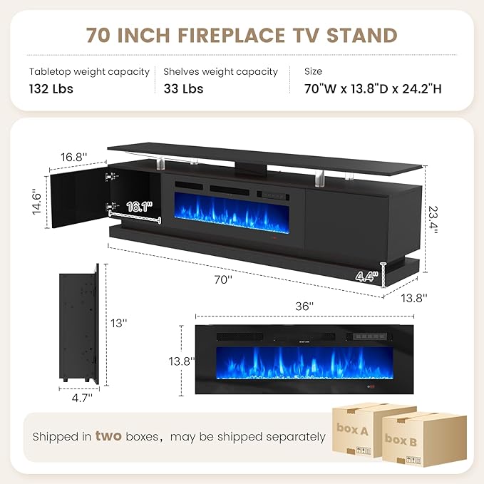 70 Inch Fireplace TV Stand, Modern Entertainment Center for TVs Up to 80”, TV Console with Storage Cabinets, Media Console for Living Room, Black TV Stand and Black Fireplace
