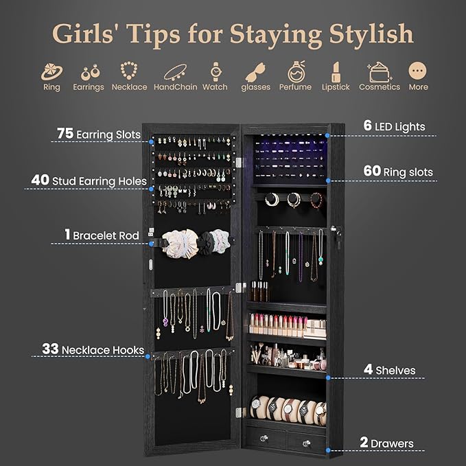 DUMOS Jewelry Armoire Cabinet with Full Length Mirror, 47.2" Tall Wall Mounted or Over the Door Jewelry Organizer with 33 Necklace Hooks, Lockable Large Capacity Jewelry Armoire with Drawers, Black