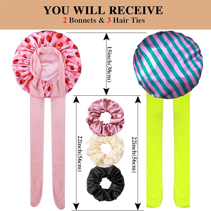 2+3 Large Satin Bonnets with Scrunchies for Women, Hair Bonnet Sleeping Tie Bonnet for Braids Curly Hair