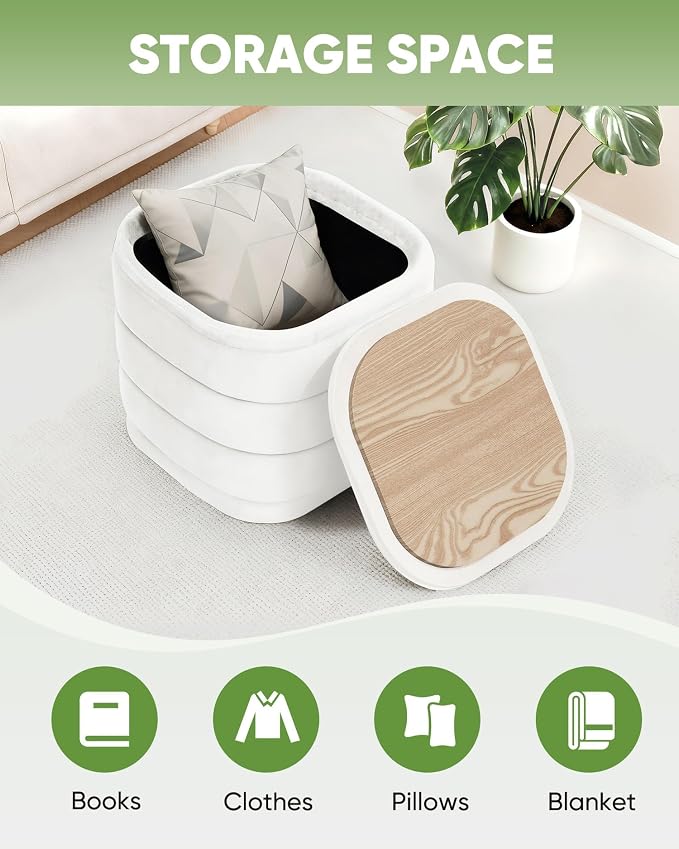 B FSOBEIIALEO Velvet Storage Ottoman with Tray, Square Folding Ottoman with Storage Coffee Table Foot Rest for Dorm Room, Living Room White, 15"x15"x15"