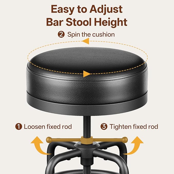 Raynesys Adjustable Height Swivel Bar Stool, 22-29 Inch Industrial Vintage Bar Counter Height Stool with Thicken Premium Bonded Leather Seat & Updated Footrest, Easy Assembly, Black