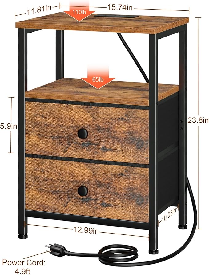 LOAKEKEL Night Stand, Nightstand with Charging Station, Slim Industrial Bedside Table with 2 Fabric Drawers, Small End Table with USB & Type-C Ports for Bedroom, Brown, HETS020BR-1